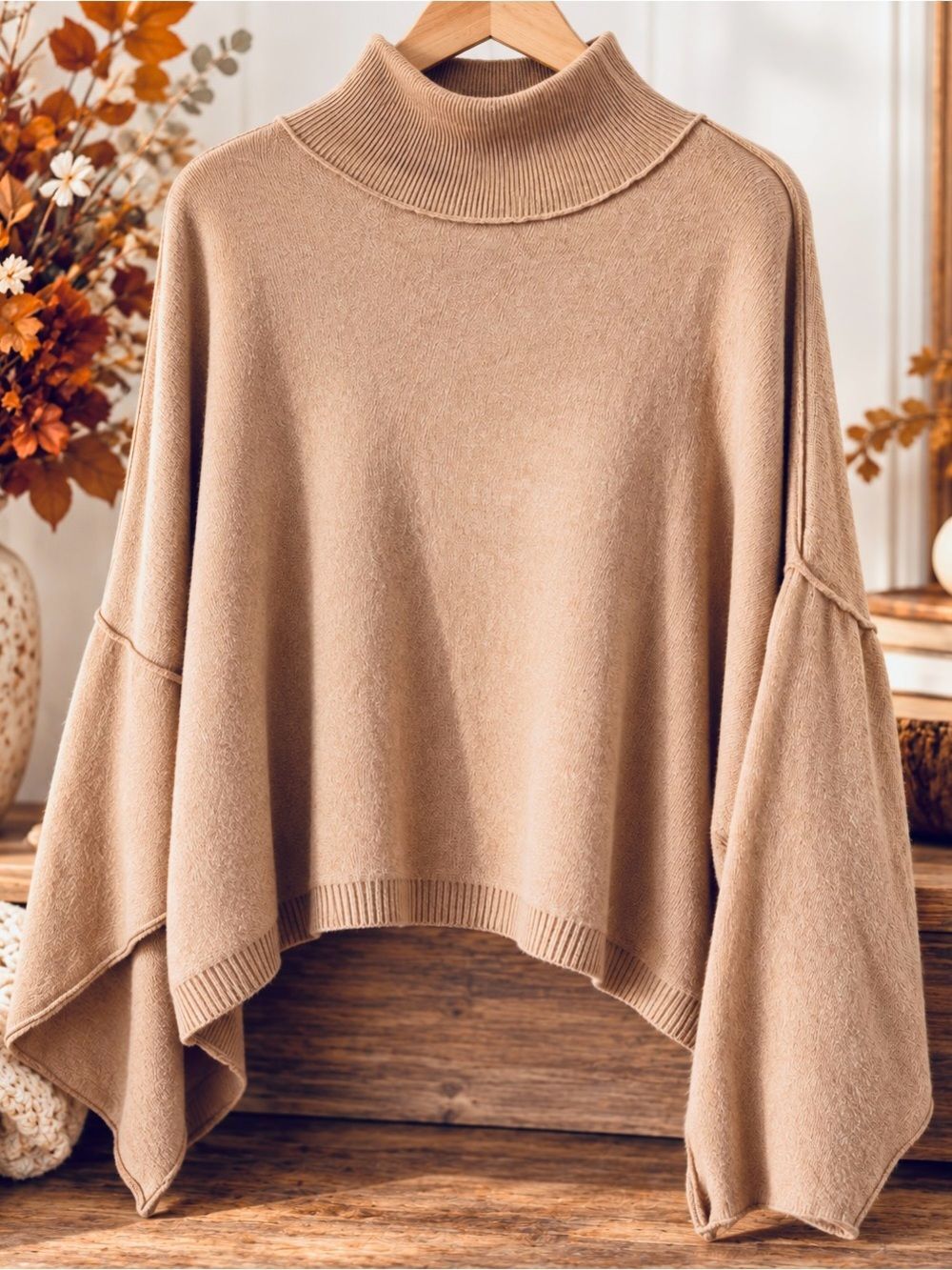 FREE PEOPLE Women's 100% Cashmere Tan Slouchy Pullover Crop Turtleneck Sweater S